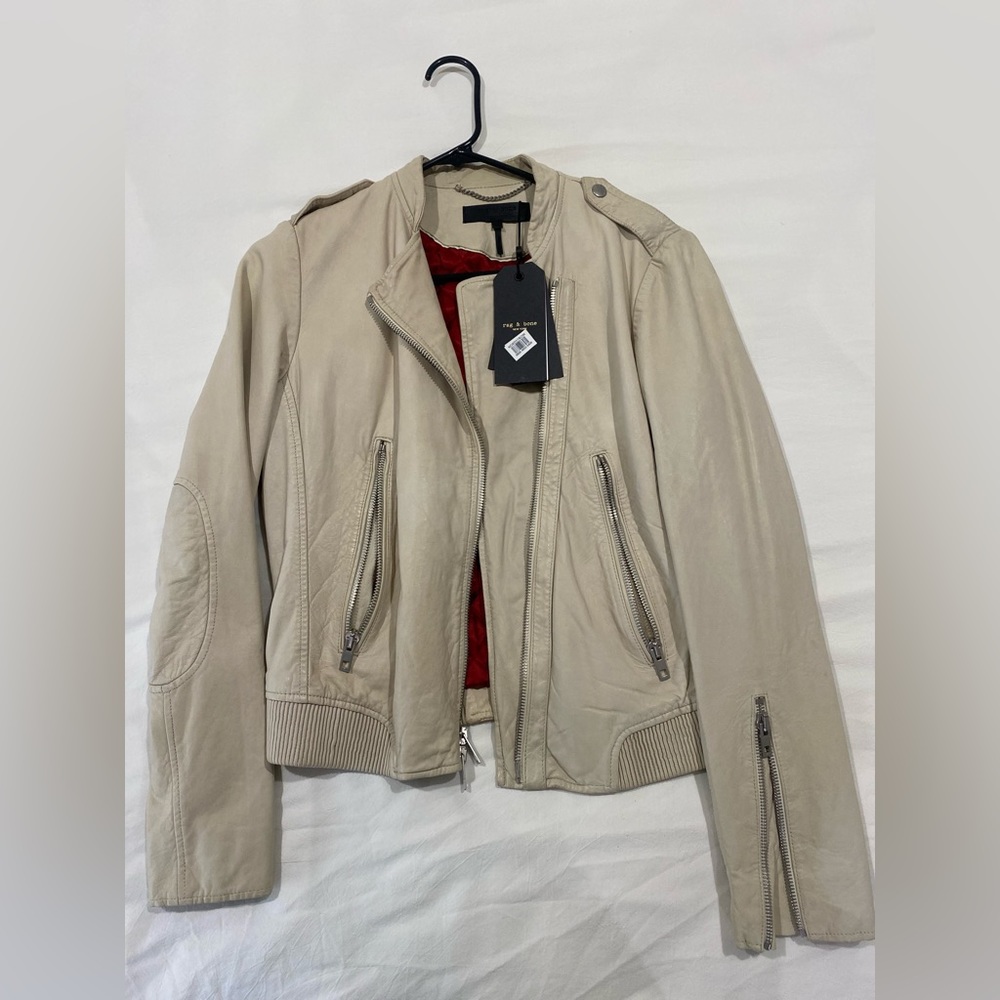Rag and Bone Women’s Lyon Lamb Leather Jacket in Ivory, Size 6